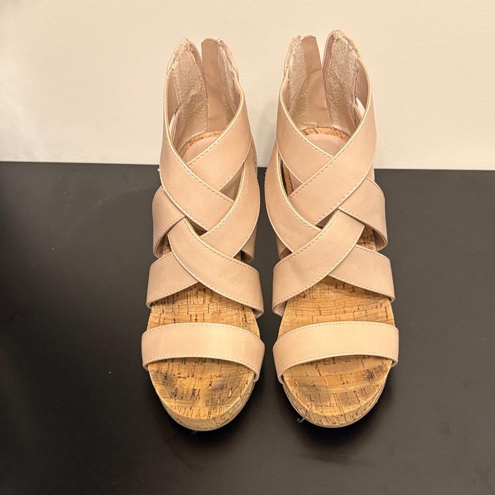 BCBGeneration Elegant Nude Strappy Wedge Sandals